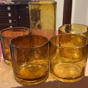Bobby Flay Vintage Amber Glasses Set of 4 12 oz. Lowballs plus bonus tall glass